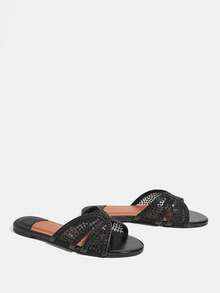 CUCCOO TILAWA Sandálias Rasteiras Decoradas com Strass Femininas - Preto - Visão 3