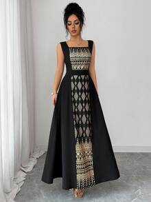 Rafferiza Women's Sleeveless Black Patchwork Gold Foil Long Dress, Spring/Summer - Black Gold - View 8