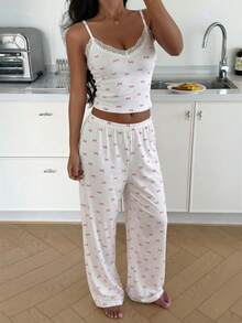 SHEIN Women's Sleepwear Set, Pink Bow Print, Lace Trim V-Neck Camisole And Long Pants - White - View 6