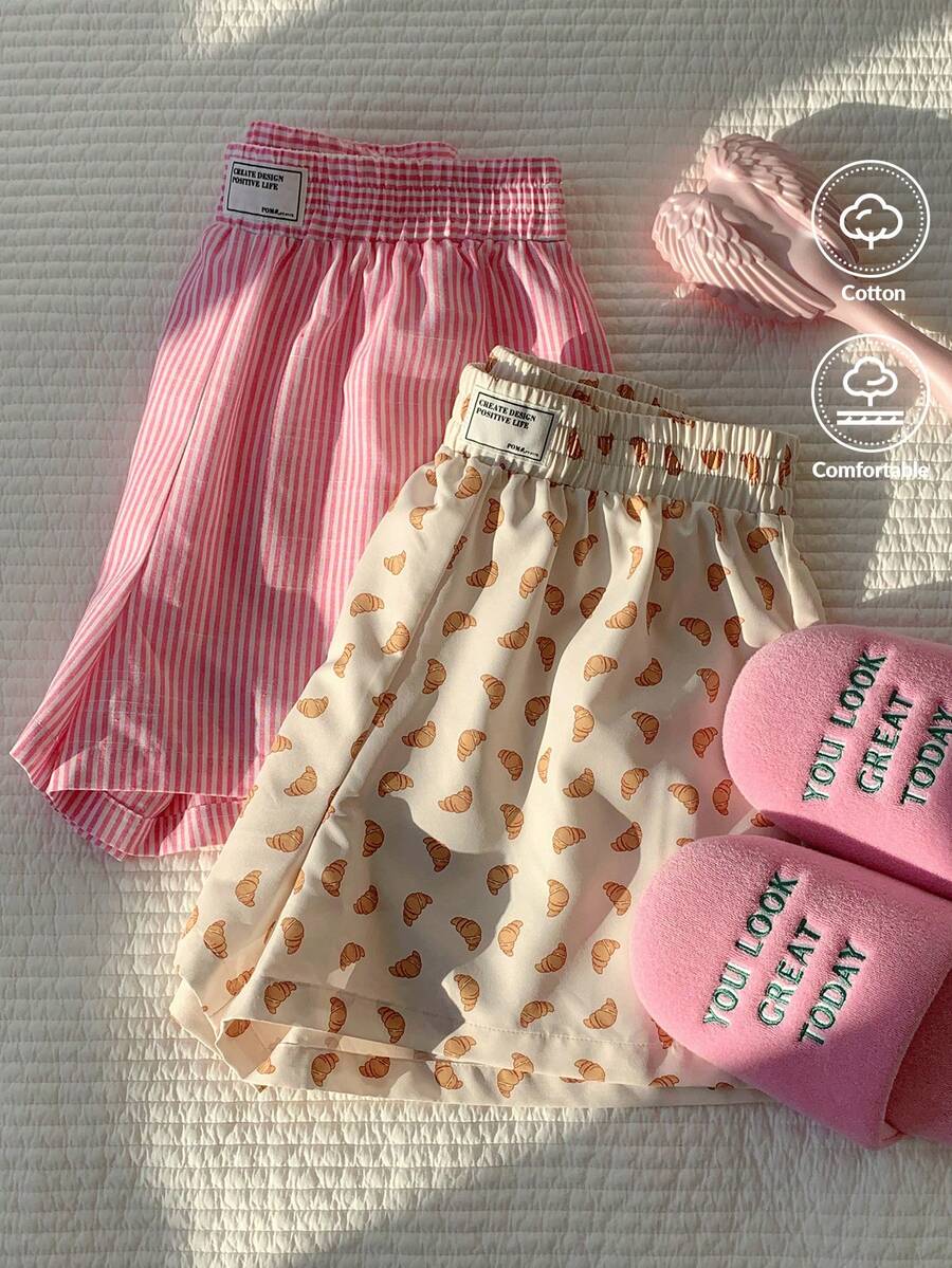 SHEIN CovetEZ 2 Pcs Women's Elastic Waist Striped Print Patch Casual Versatile Shorts Sleepwear Shorts Croissant Print Shorts Striped Shorts Pajama Shorts Cute Shorts Comfortable And Sweet Shorts For Casual Wear At Home; Loose Fit; Stylish And Versatile. - Multicolor - View 1