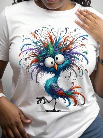 EMERY ROSE Women's T-Shirts Colorful Bird With Spiky Feathers 100%, Breathable Colorful Bird With Spiky Feathers And Wide Eyes Stands On One Foot Blue Body With Red Beak And Legs Multicolored Feathers In Bl