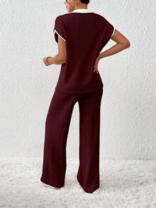 EMERY ROSE Women's Contrast Color Loose Casual Drawstring Knit 2 Pieces Set - Burgundy - View 2