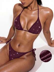 Oceva 女士水钻装饰露背系带性感丁字裤比基尼套装，适合海滩度假 - 酒紅色 - 查看 1