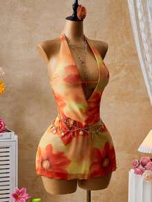 Femesol Women's Sexy & Elegant Halter Neck Knit Printed Dress - Multicolor - View 4