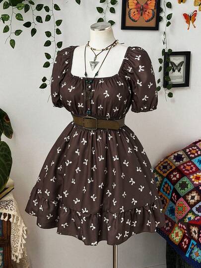 Sunspun Plus Size Hollow Back Tie Cute Bow Print Short Dress