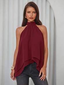 Aloruh 女士优雅高领系带无袖雪纺纯色衬衫 - 酒紅色 - 查看 3