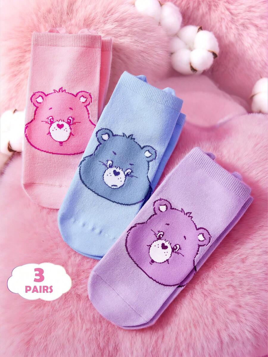 SHEIN X Care Bears 3雙女款休閒短襪 柔軟透氣吸濕 可可愛卡通圖案 加強趾尖與後跟 耐穿 全季節百搭 - 彩色 - 查看 1