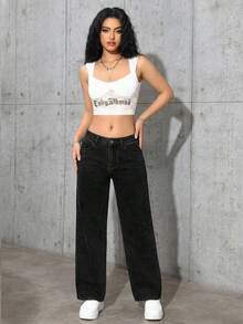 SHEIN Tall Quần jean denim nữ thời trang, thoải mái, đa năng, rộng rãi, có thể điều chỉnh. - màu đen - Xem 3