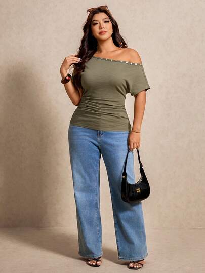 Elaquor Plus Size Summer Casual Solid Color Asymmetric Neck Button Decor T-Shirt