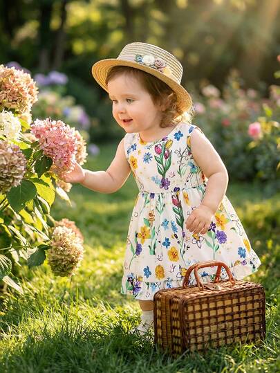 Souflis Baby Girls' Summer Floral Dress, Soft Color Gradient Sweet Atmosphere, Classic Botanical Floral Pattern Minimalist Yet Fashionable, Bow Decor Back Design Cute And Eye-Catching, Loose Fit Comfortable For Strolling, Lazy Home Time, Family Outing And Party