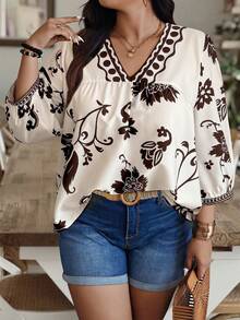Weeklong Plus Size Casual Floral Print V-Neck Lantern Sleeve Shirt - Multicolor - View 1