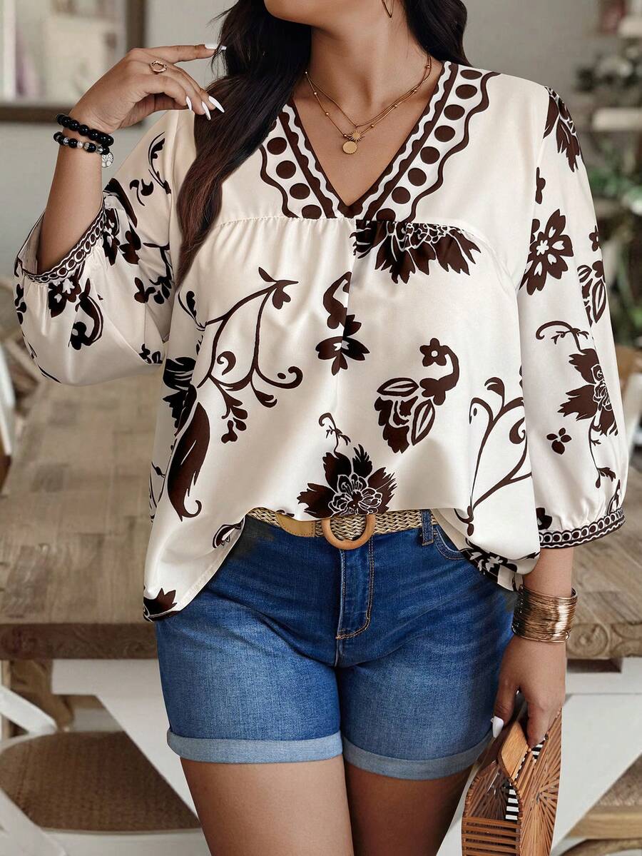 Weeklong Plus Size Casual Floral Print V-Neck Lantern Sleeve Shirt - Multicolor - View 1