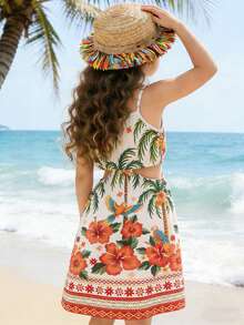 Young Girl Palm Tree Print Cutout Waist Cami Dress - Multicolor - View 2