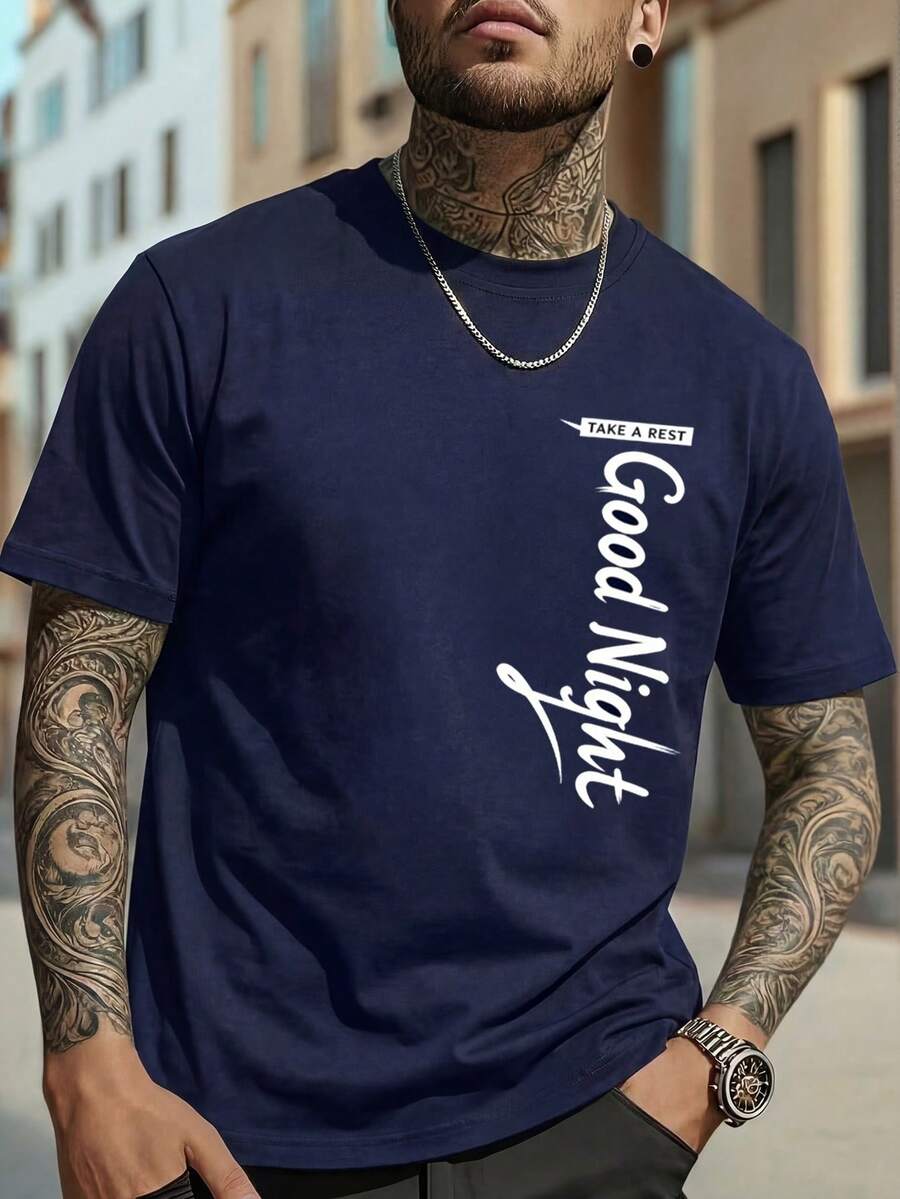 Velminro Men's Casual Letter Print Round Neck Short Sleeve Loungewear Top, Summer - Blue - View 1