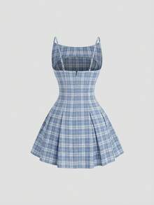 Sweetra Elegant Plaid Pleated Waist Mini Dress - Blue - View 2