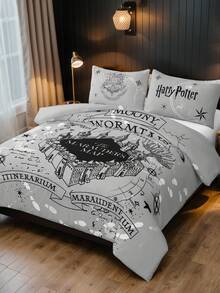 HARRY POTTER X SHEIN 三件套神秘地图印花被套，采用柔软舒适的磨砂面料，灰色被套，适用于单人床/双人床/大号床/特大号床，是开学季的理想之选。 - 淺灰色 - 查看 2