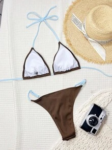 Swim Vcay 女士夏季沙滩撞色露背性感比基尼泳装套装 - 咖啡棕 - 查看 2