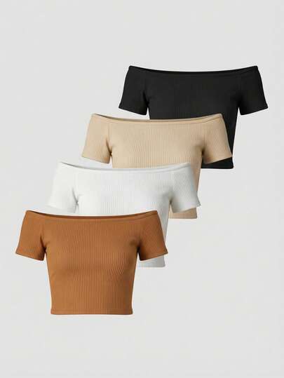 Set 3 (o 4) Blusas Off Shoulder Mujer, Crop Tops Acanalados Ajustados de Hombros Descubiertos, Moda Casual de Verano