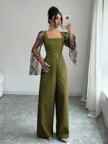 Rafferiza 2026 Frühling/Sommer Neuer eleganter minimalistischer Langarm Jumpsuit für Frauen mit besticktem Mesh-Einsatz, taillierter Passform und Metallknöpfen - Armeegrün - Übersicht 4