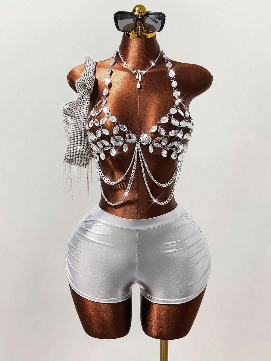 Mistrie 女士水钻音乐节背心，女士吊带音乐节背心，女士镂空性感背心 - 銀色 - 查看 1