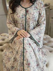 SHEIN Najma 大码女士阿拉伯风格印花长袖连衣裙 - 彩色 - 查看 1