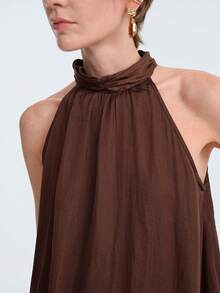Aalyst Women's Coffee Brown Silk-Like Satin High Neck Ruffle Collar Sleeveless Tank Top,Summer Elegant Tea Party Backless Loose A-Line Hem French - Coffee Brown - View 3