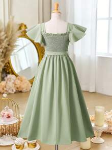 1pc Girls' Refreshing Bowknot Belt Cap Sleeve Asymmetrical Hem Elegant Dress, Suitable For Spring/Summer Gatherings And Outings - Green - View 2