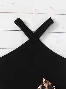 SHEIN 年轻女孩休闲日常时尚黑色针织交叉吊带背心和豹纹短裤套装 - 黑色 - 查看 5