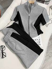 Franclia Conjunto de top de cárdigan de manga corta con cuello mao y costuras de princesa + pantalones largos con bolsillos laterales - Multicolor - Ver 1