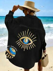 EMERY ROSE Vestido camisero casual con aplicaciones de lentejuelas para mujer talla grande 2025 - Negro - Ver 1
