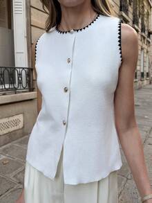 SHEIN PariChic Women's Floral Trim Single-Breasted Sleeveless Casual Cardigan - White - View 3