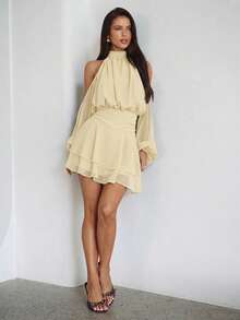 Aloruh Purple-Red Long Sleeve Off-Shoulder Dress, Casual Commuter Elegant Dress With Small Stand Collar, Spring - Beige - View 5