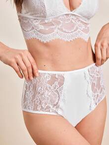 Minimalist White Lace Bralette Set, High-Waisted Mesh Panty, Breathable Lightweight Everyday Lounge & Sleepwear For Women - White - View 3