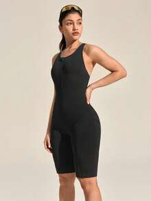 Exploreva Women's Solid Color Backless Sleeveless Fitted Outdoor Romper Gym Jumpsuit Open Back Backless Yoga Jumpsuit - Black - View 2