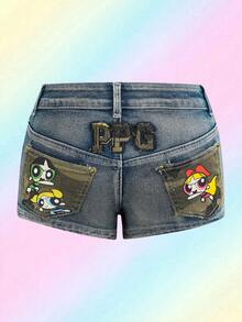 THE POWERPUFF GIRLS X SHEIN 女士Y2K卡通拼接迷彩铆钉朋克低腰紧身牛仔短裤 - 深色水洗藍 - 查看 1