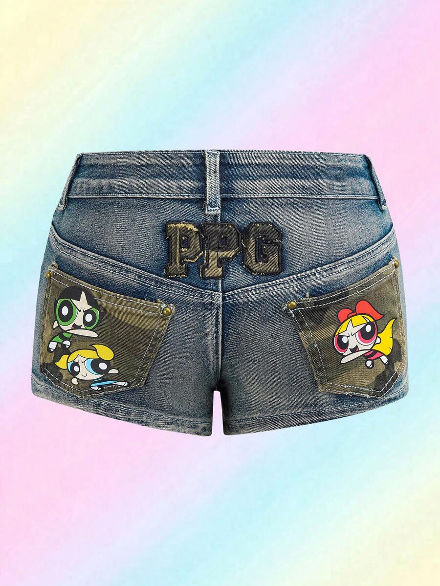 THE POWERPUFF GIRLS X SHEIN 女士Y2K卡通拼接迷彩铆钉朋克低腰紧身牛仔短裤 - 深色水洗藍 - 查看 1