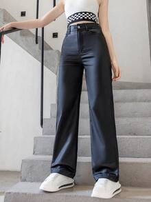 SHEIN Sparklyn 少女 Y2K Y3K 街头服饰复古抽绳腰部弹性涂层直筒牛仔裤，全年必备时尚单品 - 黑色 - 查看 4