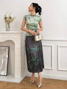 EastFlair 女士印花短袖优雅缎面东方风情衬衫 - 綠色 - 查看 5