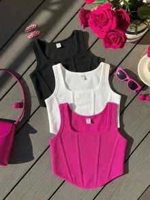 SHEIN 3件組少女羅紋方領背心上衣，櫻桃紅夏季少女束身短版吊帶背心，接縫細節設計，素色無袖針織上衣 - 彩色 - 查看 2