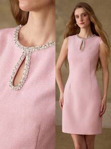 MOTF PREMIUM TWEED ELEGANT RHINESTONE KEYHOLE NECK SUMMER PINK WOMEN'S SHORT DRESS - Pink - View 1