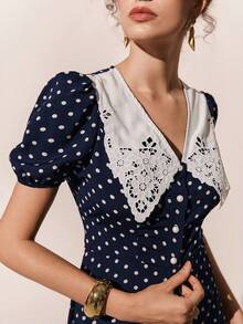 Poéselle Women's Polka Dot Pattern Short Petal Sleeve Single-Breasted Elegant Long Dress - Navy Blue - View 6