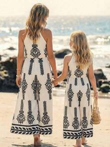 SHEIN Bộ áo liền quần dệt họa tiết du lịch dành cho bé gái tuổi teen, thích hợp cho du lịch, nghỉ mát, phong cách bohemian, nghỉ mát biển. - Màu be - Xem 4