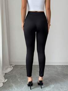 Elenzga 女士黑色高端设计感前金属拉链领口紧身显瘦长裤，优雅精致，适合情人节、复活节、劳动节、生日、约会、派对、正式场合、教师装、高气场穿搭、旅行度假、街头风、春夏下装，春季新款必备时尚单品，小众设计，百搭紧身裤 - 黑色 - 查看 2