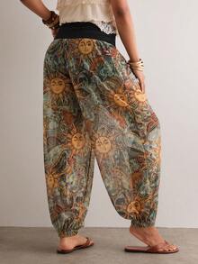 Freevana 大码女式印花休闲百搭抽绳裤 - 杏色 - 查看 3