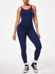 Seamluxe SHEIN Sport 女士无缝交叉露背运动连体裤，适合户外运动、健身、瑜伽、跑步等。这款连体裤采用交叉露背设计，一体式设计，兼具运动和健身功能。它是一款女士健身连体裤，露背设计，提臀塑形，适合全身运动。此外，它还是一款女士运动服，适合健身穿着。 - 彩色 - 查看 4