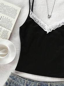 SHEIN Canotta stile balletto in pizzo bianco per ragazze pre-adolescenti, top nero carino, bralette, top canotta nero slim per ragazze pre-adolescenti - nero - Visualizzare 5