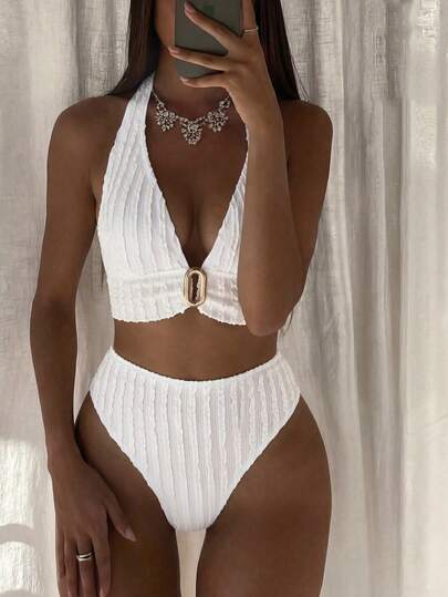 Swim Chiccia Women's Solid Color Jacquard Metal Decor High Waist Sexy Swimwear Set, Beach Vacation