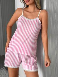 SHEIN Contrast Lace Trim Striped Cami & Shorts PJ Set - Sweet Summer Sleepwear - Pink - View 5
