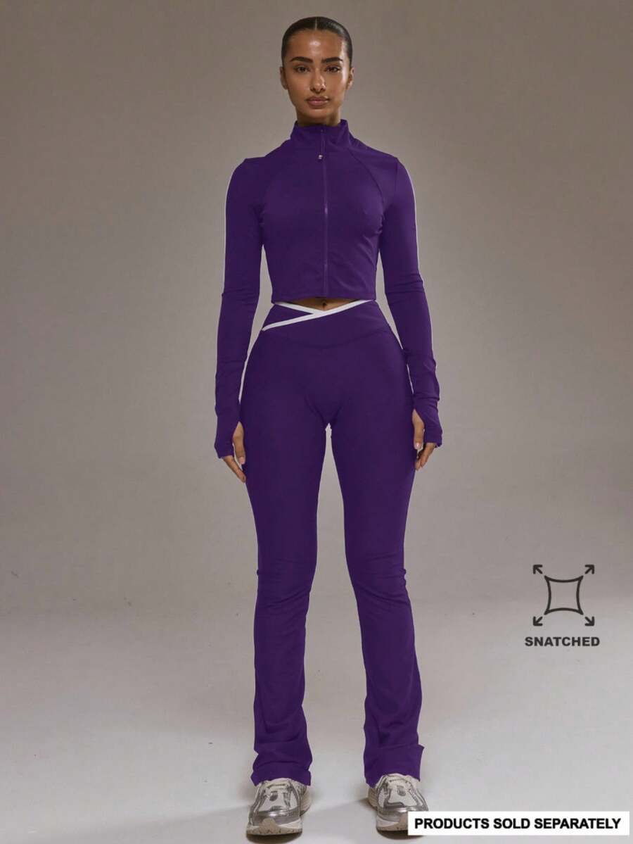 Musera Sport 撞色滚边下摆修身喇叭瑜伽裤(仅裤子)适合秋季、运动、健身房、日常休闲穿着 - 紫羅蘭色 - 查看 1