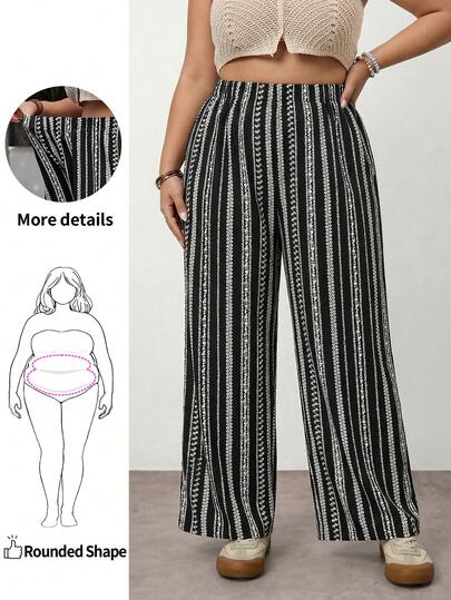 Enliva Plus Size Women's Striped Elastic Waist Wide Leg Loose Casual Pantssummer/Country/Beach Vacation Outfits/Beach Outfits/Beach Wear
